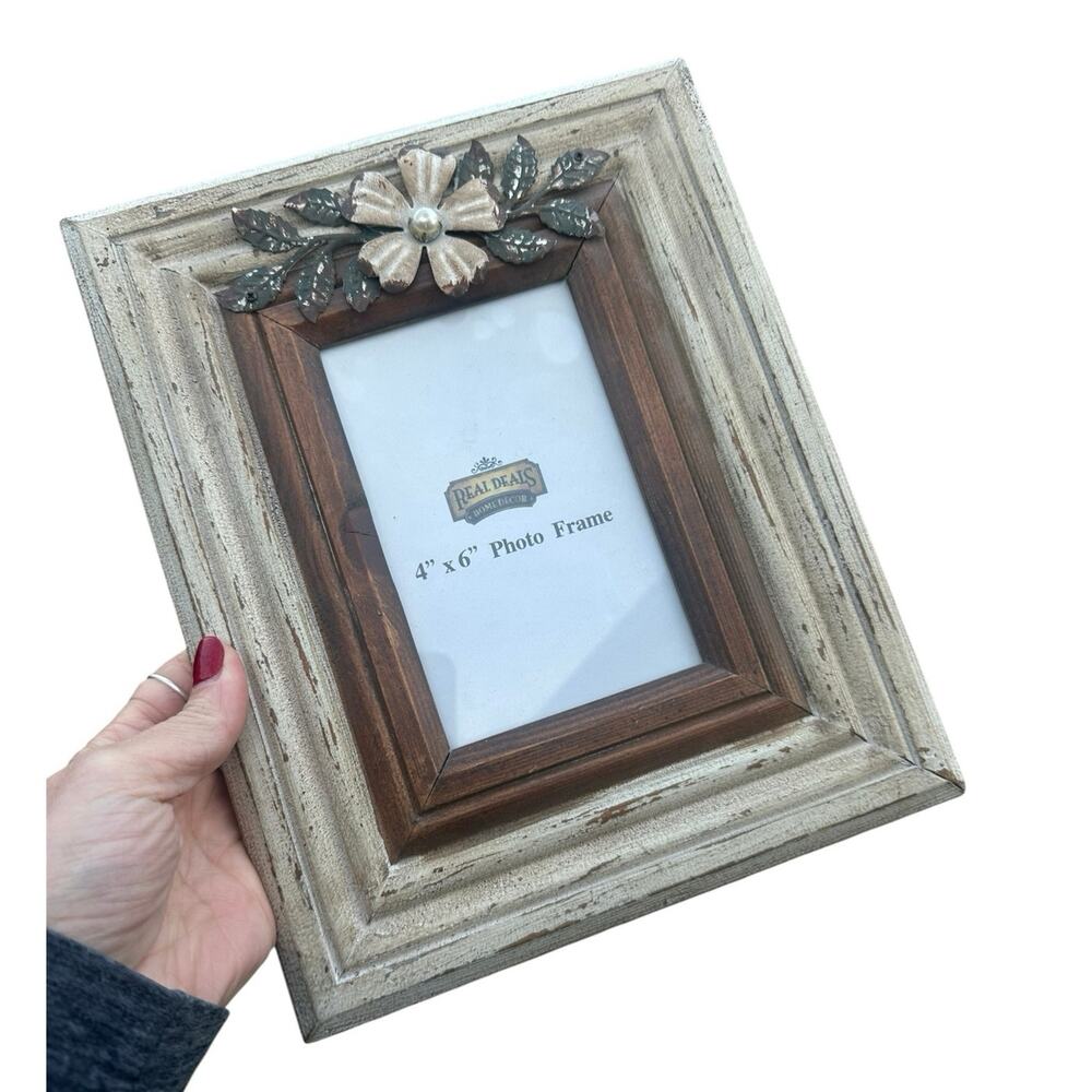 Rustic wood & metal flower photo frame 4x6 western cottage core country garden